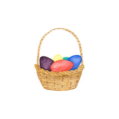 Watercolor illustration. Easter basket with Easter eggs, isolated on white background.