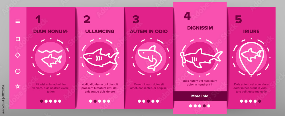 Poster shark fish onboarding mobile app page screen vector. dangerous shark in target and on gps mark, huma