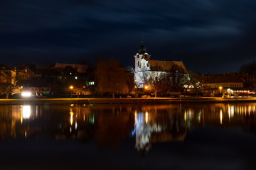 Vltava river and old town Tyn nad Vltavou, Night in Czech republic.