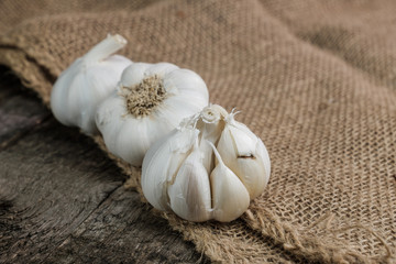 Knoblauch (lat. Allium sativum) auf Holz und Jute