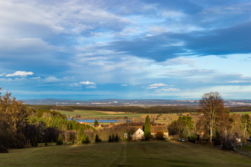 Obraz premium Landscape of South Bohemia with villages, forests, fields and blue sky. Czech Republic.