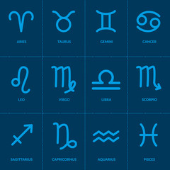 Zodiak signs. Set of blue zodiac icons isolated on a dark blue background. Astrological symbols of the zodiac for web