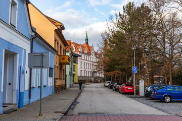 Obraz premium Street in the old town of Trebon, Czech Republic.