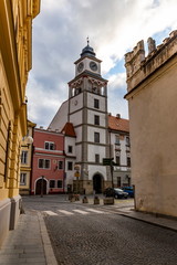 View at the building of tower of the old town hall. Trebon is a historical town in the South Bohemian Region. Czech Republic.