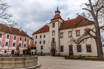 Fototapeta premium Courtyard of renaissance castle in Trebon. Trebon is a historical town in South Bohemian Region. Czech Republic.