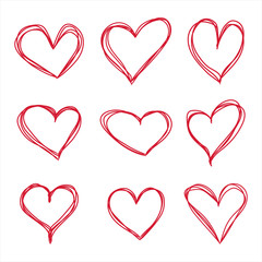 Heart hand drawn pen sketch set isolated on white background. Doodle collection of vector illustrations of red love hearts for the valentine day. Simple thin line style art for print or cards