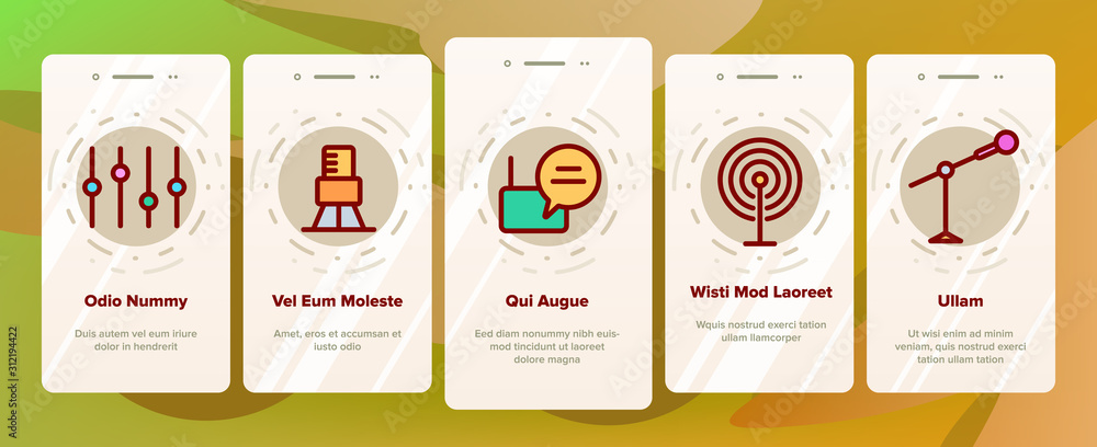 Poster radio program onboarding mobile app page screen vector. modern and vintage radio device, microphone 