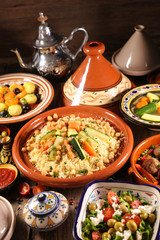assorted of traditional moroccan tajine with dried fruits and spices