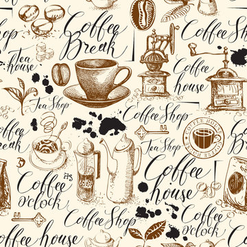 Vector seamless pattern on the theme of coffee and coffee house. Hand-drawn background with kitchen items, blobs and handwritten inscriptions. Suitable for retro wallpaper, wrapping paper, fabric © paseven
