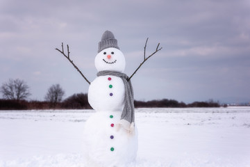 Lovely smiling snowman, against cloudy sky background, happy winter concept