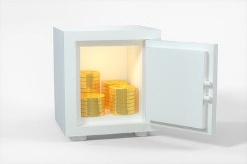 Mechanical safe, with shiny golden coins inside, 3d rendering.