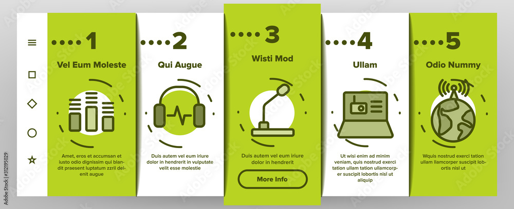 Poster radio program onboarding mobile app page screen vector. modern and vintage radio device, microphone 