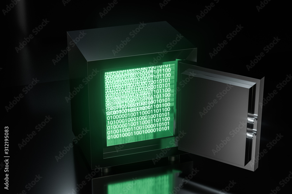 Poster mechanical safe, with digital numbers inside, 3d rendering.