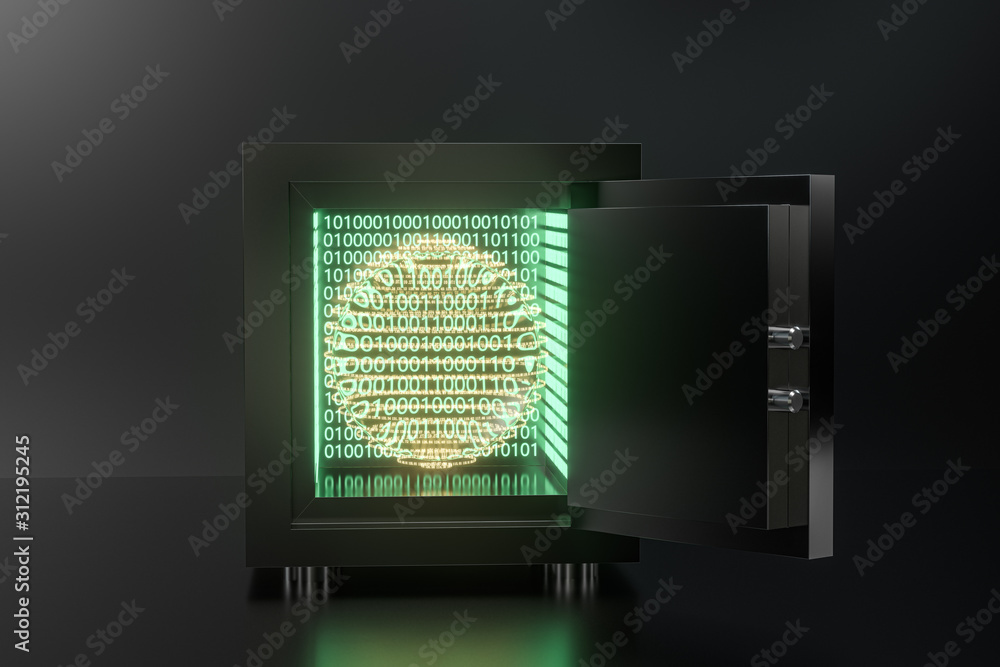 Poster mechanical safe, with digital numbers inside, 3d rendering.