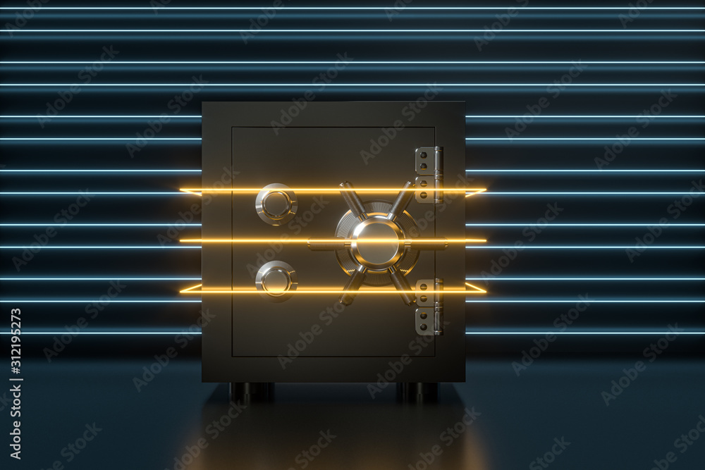 Poster mechanical safe, with digital numbers inside, 3d rendering.