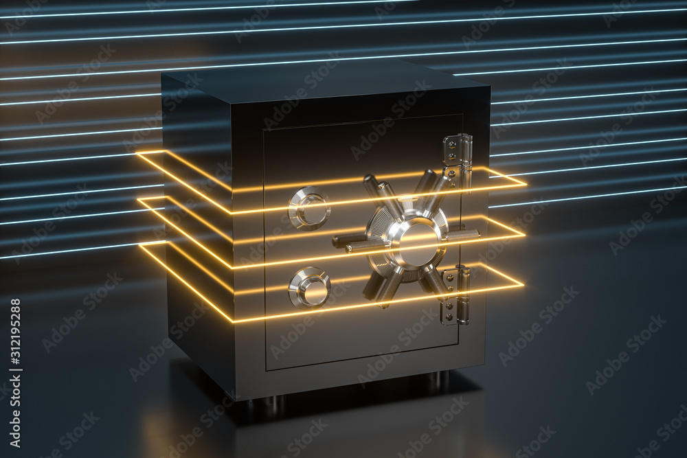 Poster mechanical safe, with digital numbers inside, 3d rendering.