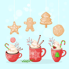 Hot chocolate cup. Christmas drink on winter background. Red mug of cacao to go. Seasonal banner.