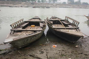 Boat floating over Brahmaputra river in Mymensingh 