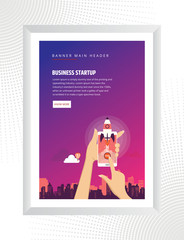 Colorful design business startup launch poster, rocket icon. Vector illustration.