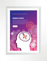 Colorful design business startup launch poster, rocket icon. Vector illustration.