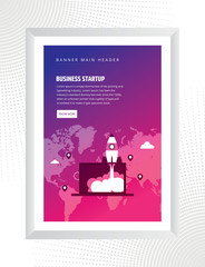 Business Startup vector poster, colorful cartoon rocket or rocket ship launch.