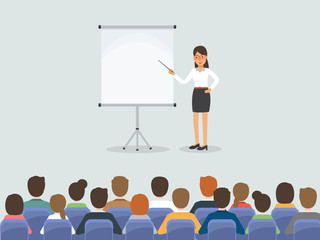 Group of working people, businessman and businesswoman meeting in conference room or in office. Flat design people characters.