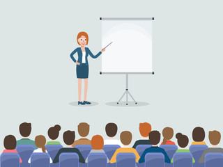 Group of working people, businessman and businesswoman meeting in conference room or in office. Flat design people characters.