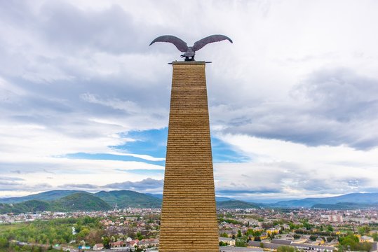 A sculpture of the mythical bird "Turul" in Palanok castle during a tour in Mukachevo. Ukraine.