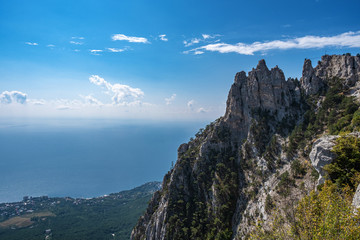 Scenic view from Ai-Petri mountain to the village of Miskhor and the Black Sea.