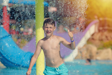 European boy splashing in pool at waterpark against colorful plastic slides. He smiling and looking into camera. - 312198045
