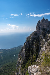 Fototapeta na wymiar Scenic view from Ai-Petri mountain to the village of Miskhor and the Black Sea.