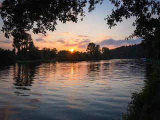 Idyllic Ruhr valley in Muelheim in the evening at sunset.