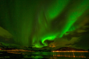 amazing polar lights, Aurora borealis over the mountains in the North of Europe - Lofoten islands, Norway