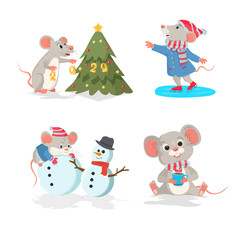 Christmas vector set with the mouse. Ice skating mouse, mouse with Christmas tree, mouse with coffee cup.