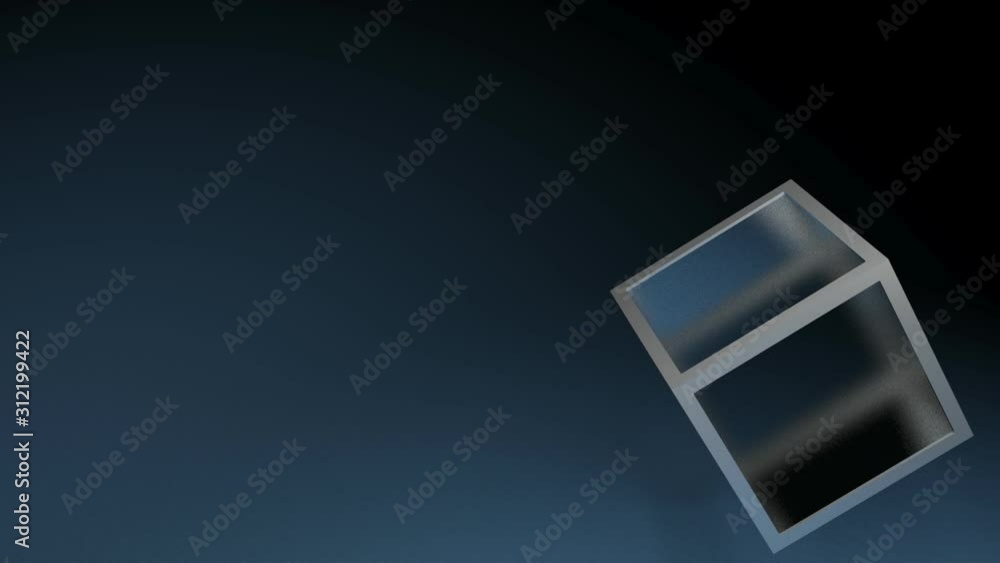 Poster a cube having transparent glass faces and metallic chrome structure is over a dark blue background -
