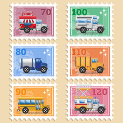Postage stamps depicting various cars. Side view. Vector illustration.