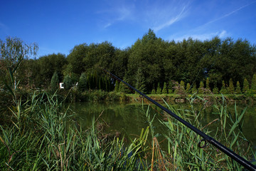 Fototapeta premium fishing on the pond in summer - rods and water