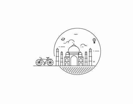 Taj Mahal Hand Drawn, India Agra - Line Art Vector Illustration.