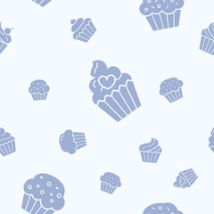 Cupcake background - Vector seamless pattern solid silhouettes of sweet, dessert, muffin, cake and snack for graphic design