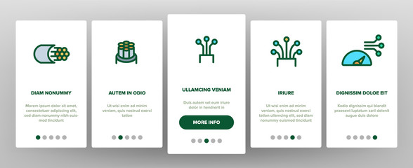 Optical Fiber Onboarding Mobile App Page Screen Vector. Network Connection, Computer Wire, Cable Bobbin Fiber And Data Transfer Illustrations