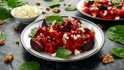 Roast Beetroot Pasta with spinach, walnuts and feta cheese. healthy food