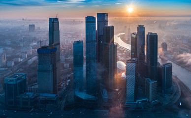 A aerial view of towers of the Moscow International Business Centre also known as Moscow City at...