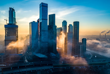 A aerial view of towers of the Moscow International Business Centre also known as Moscow City at dawn.