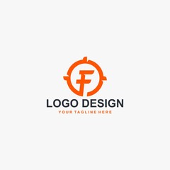 Letter F logo design. Monogram F letter abstract symbol. F type vector sign with target icon.