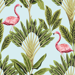 Tropical vintage pink flamingo and banana trees floral seamless pattern blue background. Exotic jungle wallpaper. © good_mood