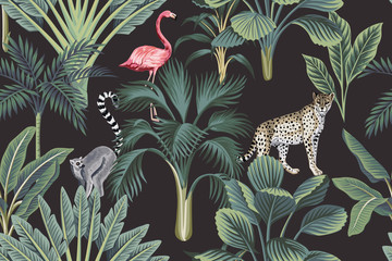 Tropische vintage wilde dieren, flamingo, palmbomen, bananenboom naadloze bloemmotief donkere achtergrond. Exotisch botanisch junglebehang.