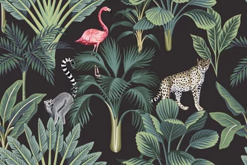 Foto op Plexiglas Afrikaanse dieren Tropische vintage wilde dieren, flamingo, palmbomen, bananenboom naadloze bloemmotief donkere achtergrond. Exotisch botanisch junglebehang.