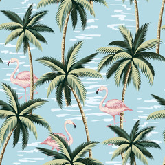 Tropical vintage pink flamingo and palm trees floral seamless pattern blue background. Exotic jungle wallpaper.