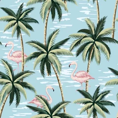 Wall murals Palm trees Tropical vintage pink flamingo and palm trees floral seamless pattern blue background. Exotic jungle wallpaper.