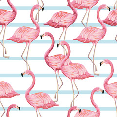  Tropical vintage pink flamingo floral seamless pattern blue stripes background. Exotic jungle wallpaper.
